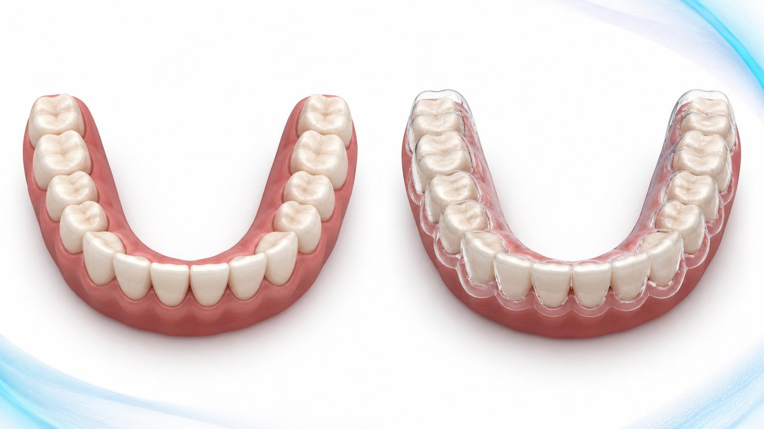 Dental illustration of aligned teeth beside the same arch fitted with a transparent retainer