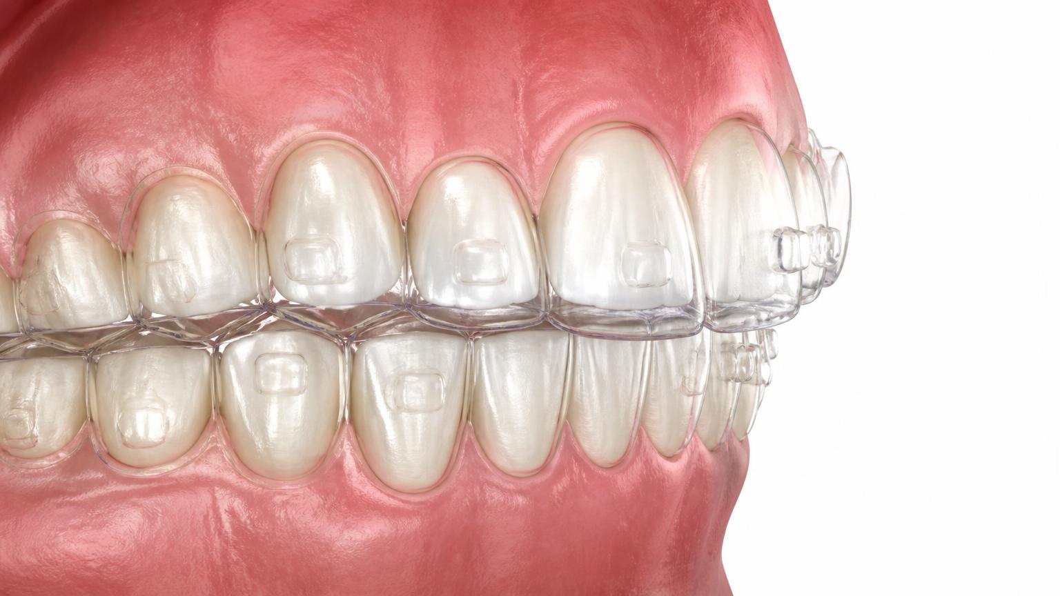 Dental illustration of small tooth-coloured attachments beneath a clear aligner