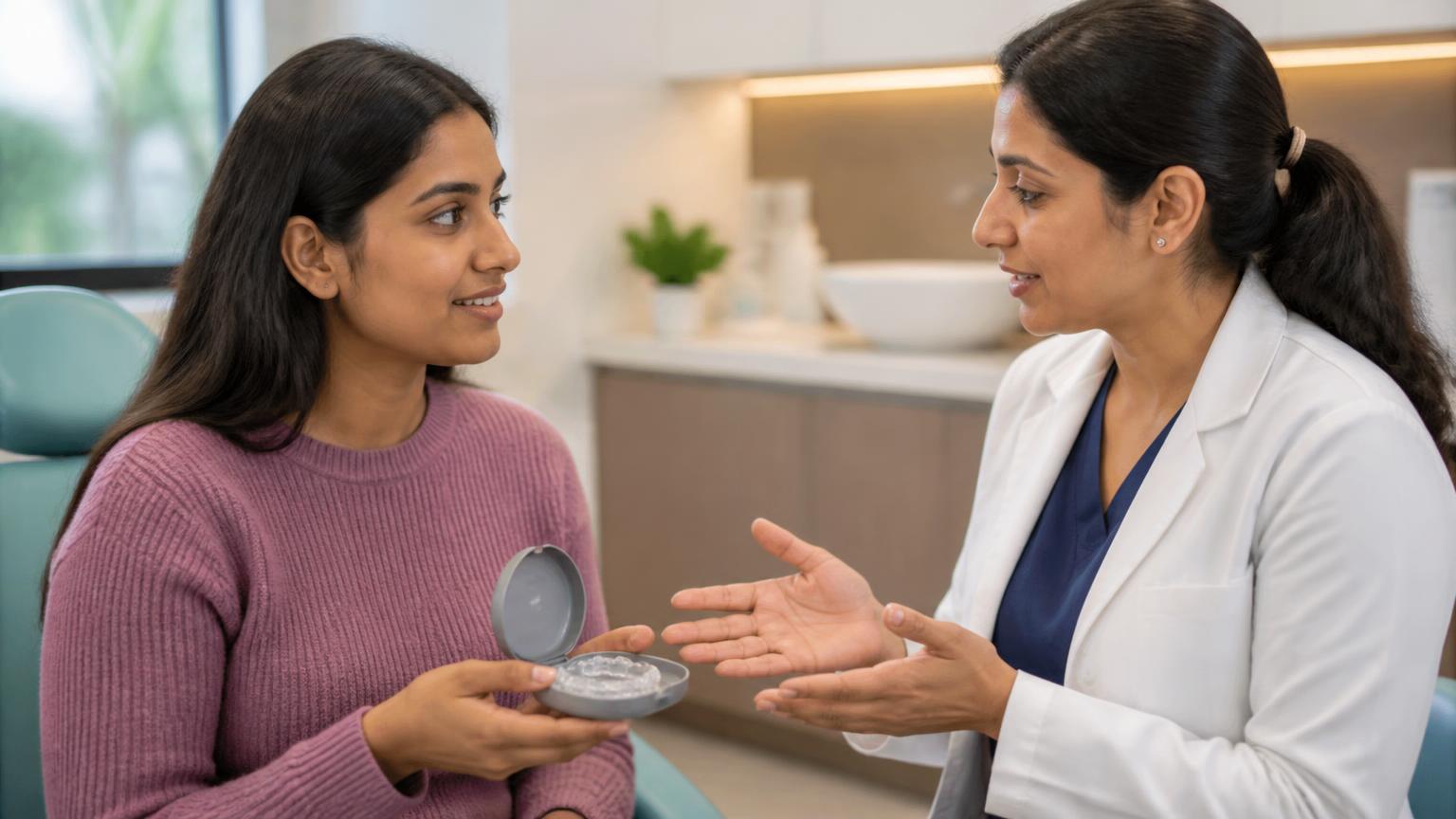 Patient holding an aligner case while a dental professional gives supportive guidance