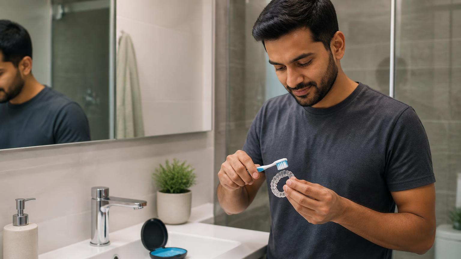 Adult cleaning their teeth and clear aligner tray at a bathroom basin