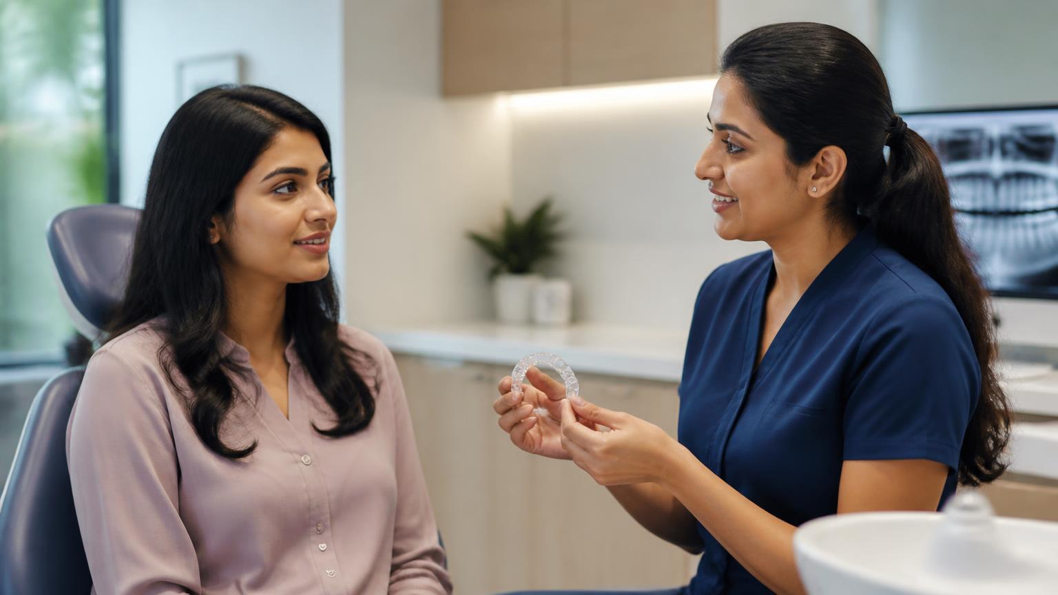 Dental professional reassuring a patient about mild pressure from a new aligner