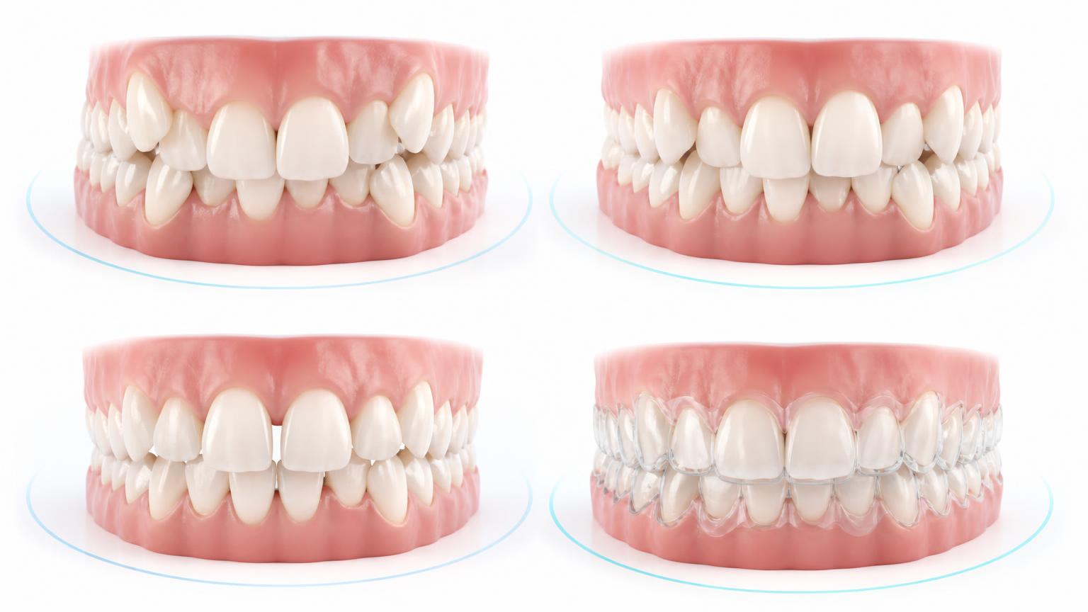 Dental illustration of crowded, crooked and spaced teeth alongside an aligner