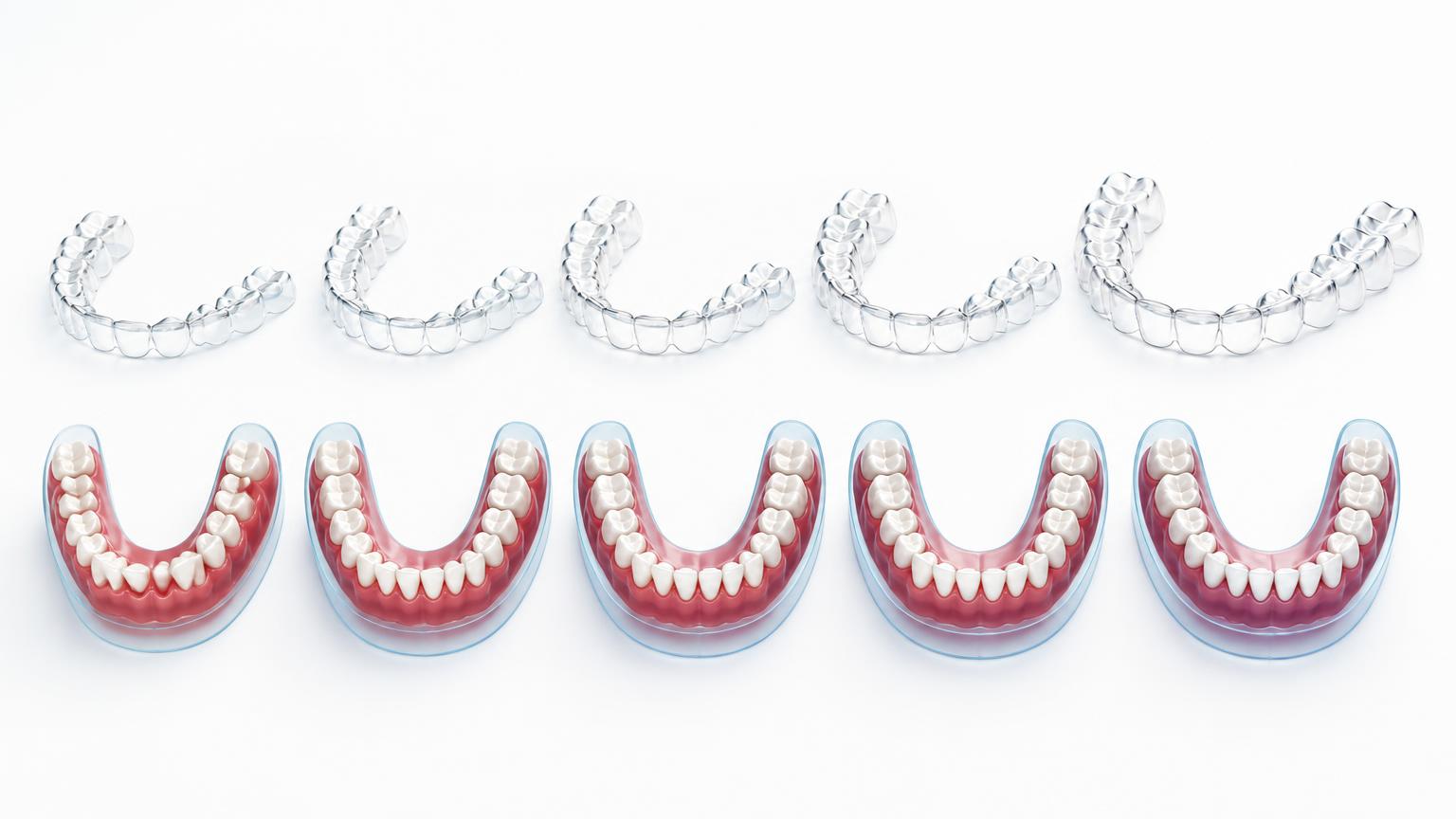 Dental illustration of a clear aligner series progressing through multiple stages