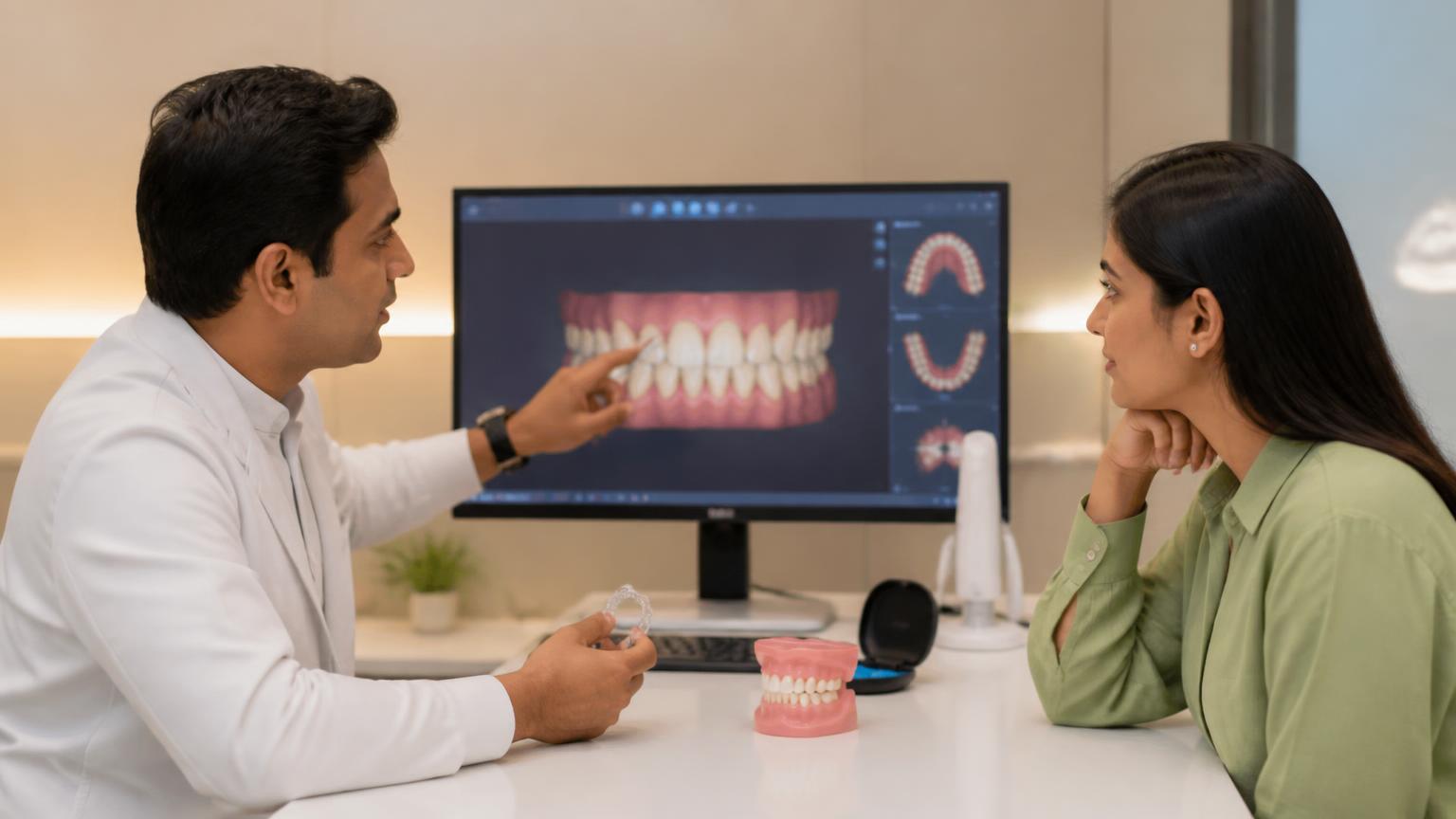 Dentist planning clear aligner treatment with a patient using a digital scan and dental model