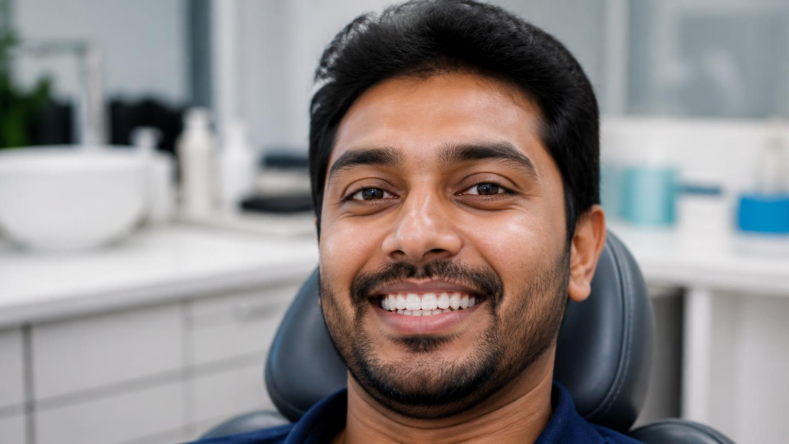 Close-up of an adult smiling with subtly visible clear aligners