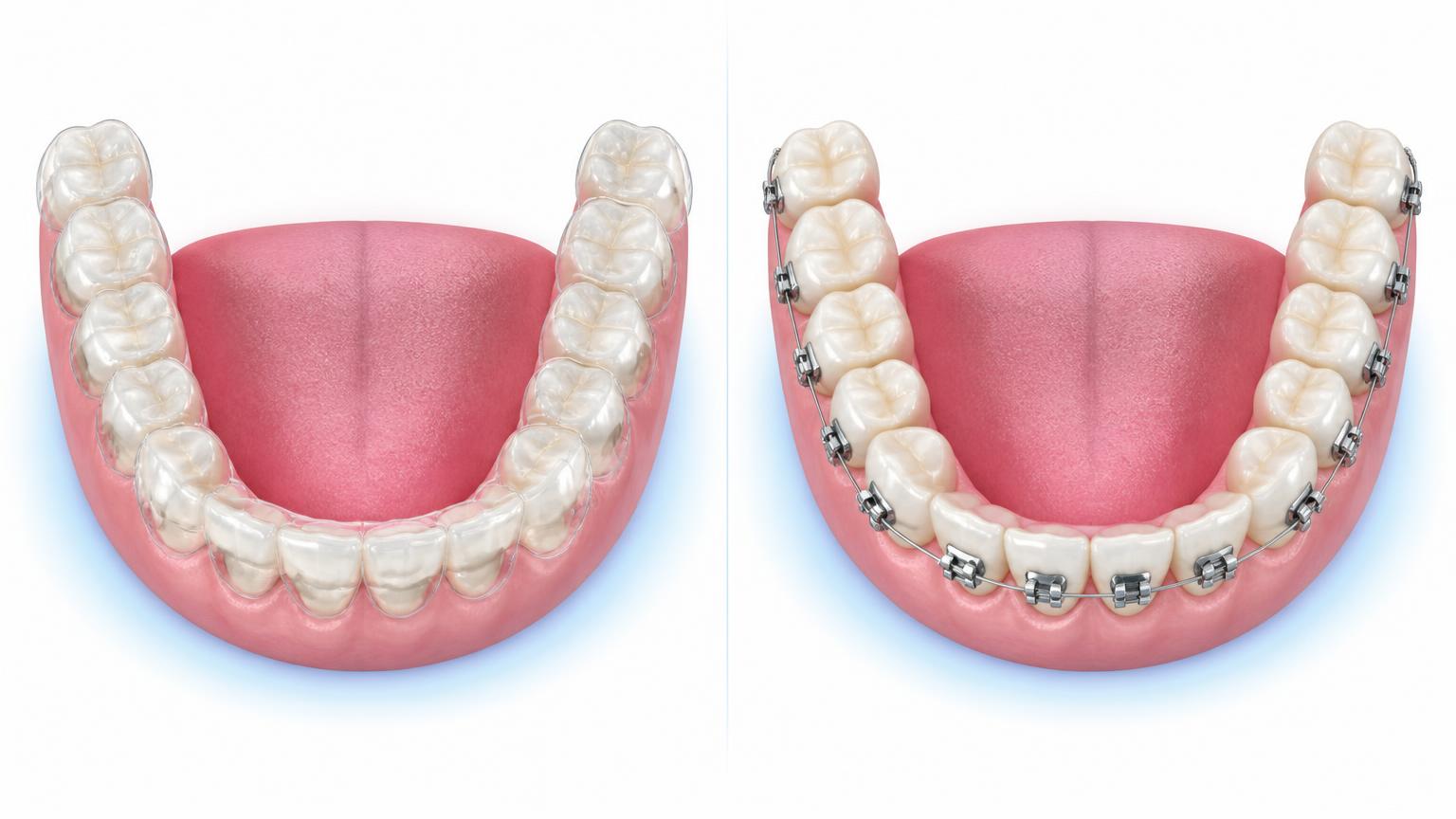 Dental comparison of a clear aligner and conventional fixed braces on the same arch