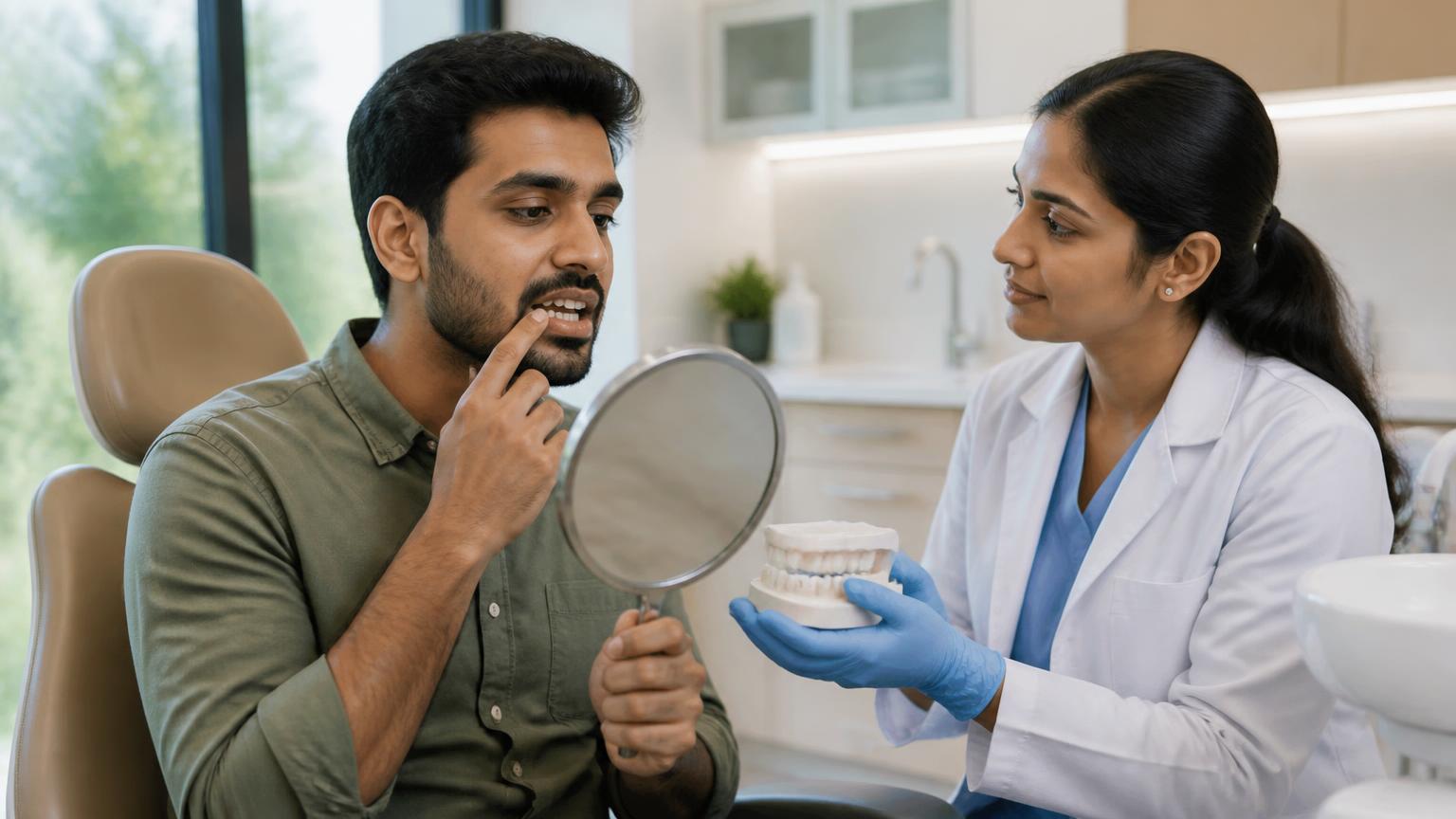 Patient discussing uneven teeth with a dental professional