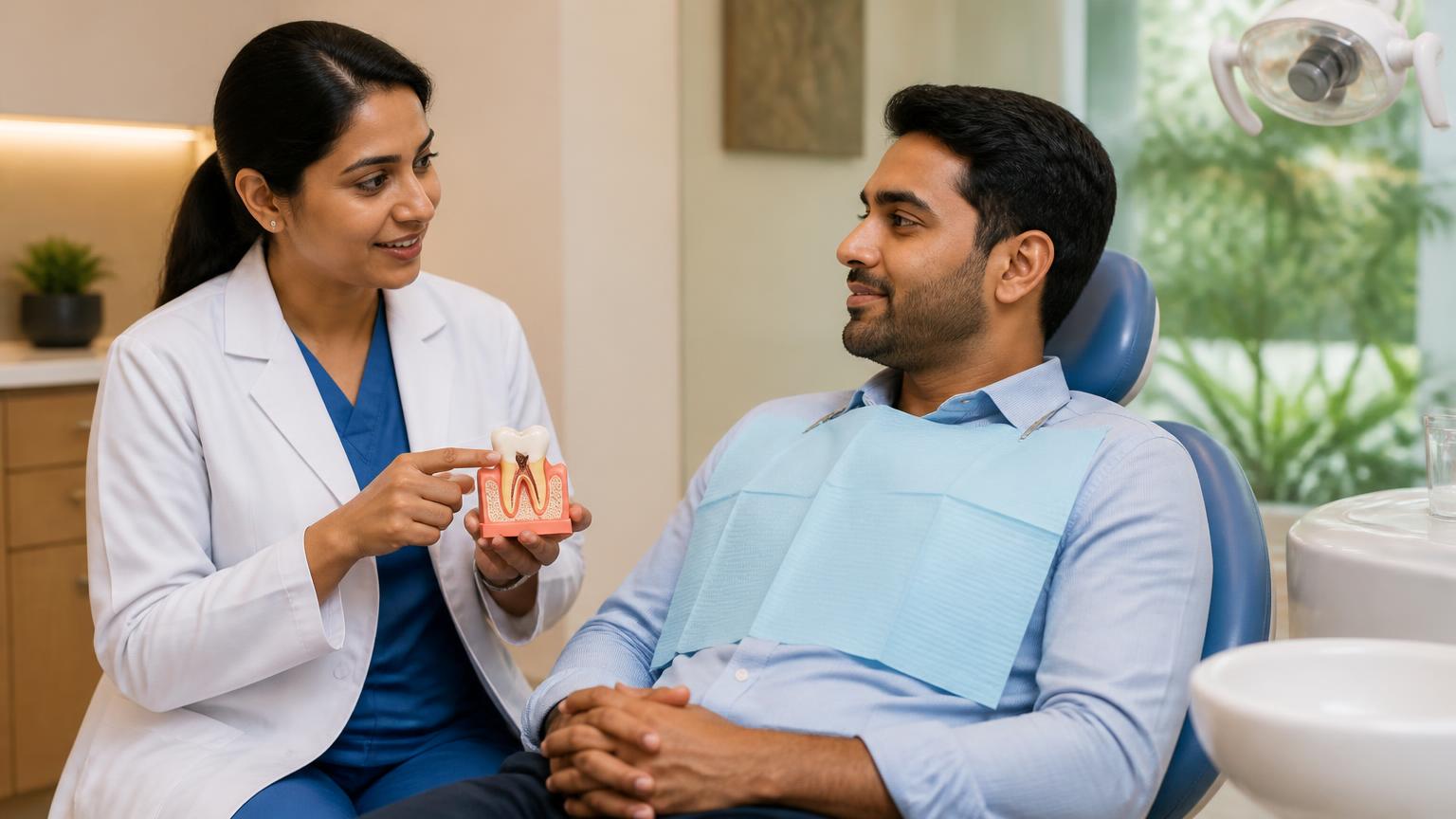 Dentist explaining anaesthesia and the planned procedure to a calm adult patient