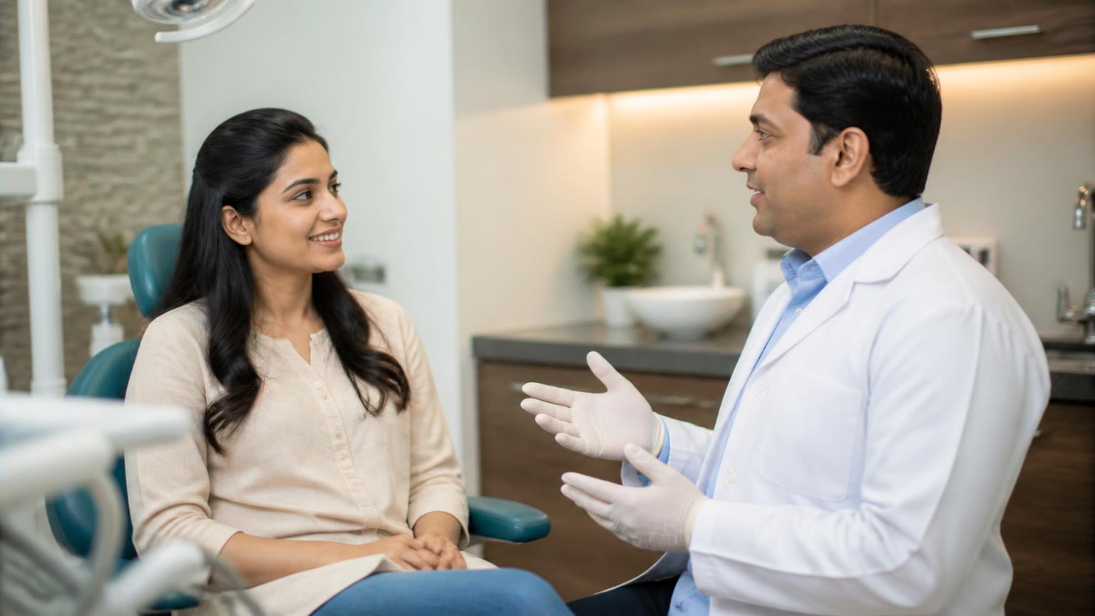 Dentist reassuring a calm patient by explaining what to expect before root canal treatment