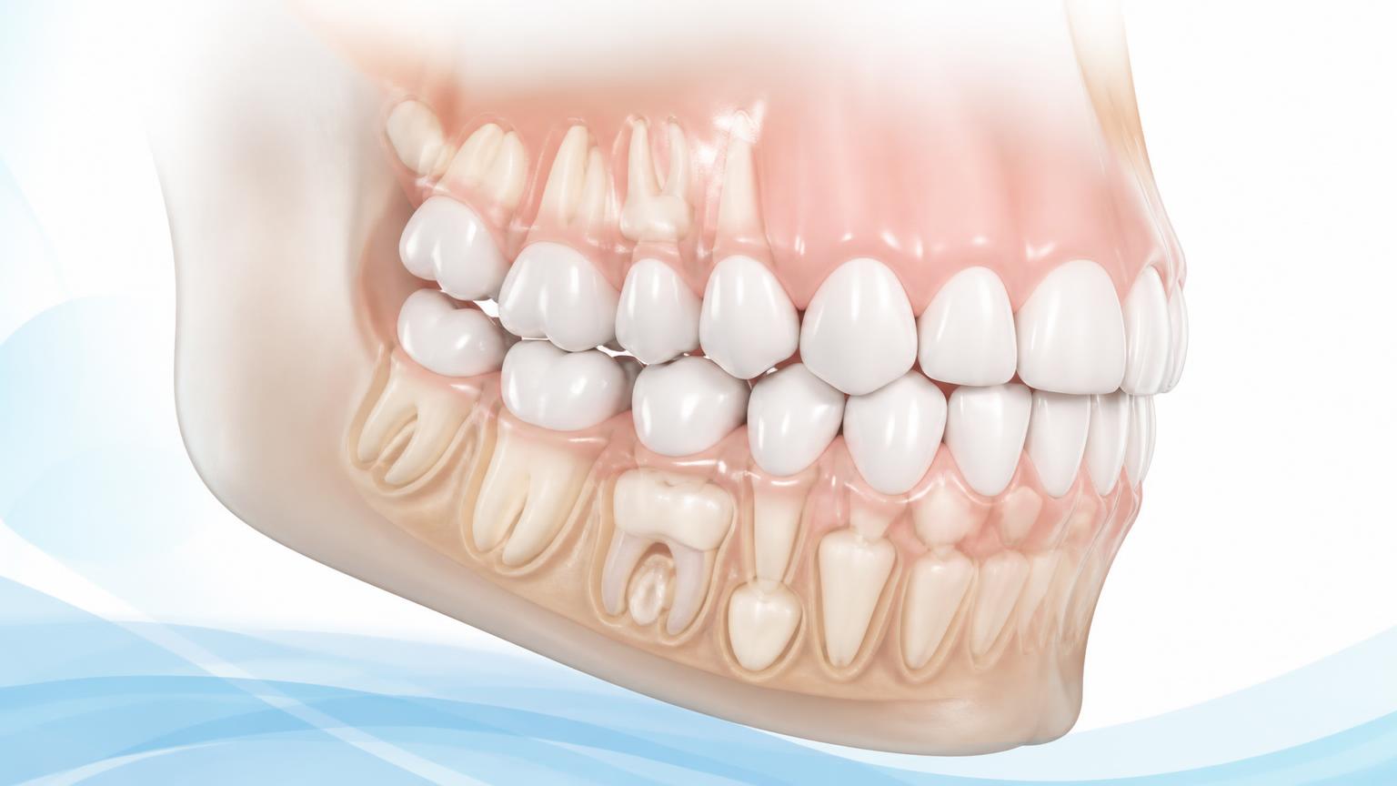 Dental illustration of a child's jaw with baby teeth and developing permanent teeth below