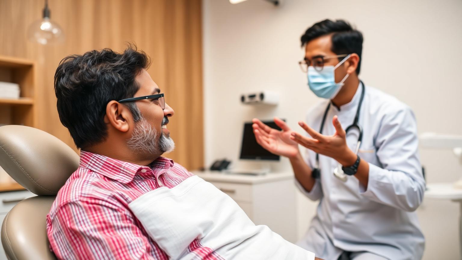 Adult patient comfortably discussing persistent bad breath with a dentist
