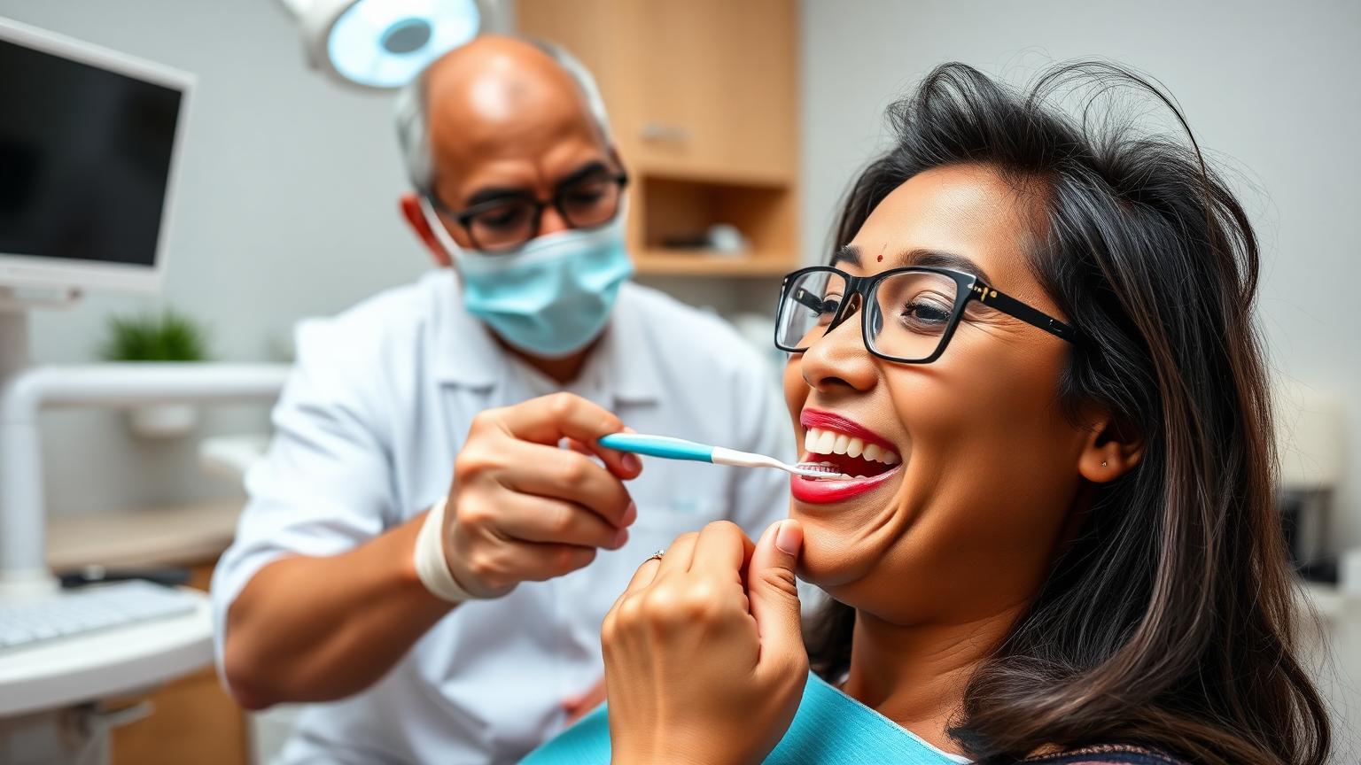 Dentist explaining gum bleeding and brushing technique to an adult patient