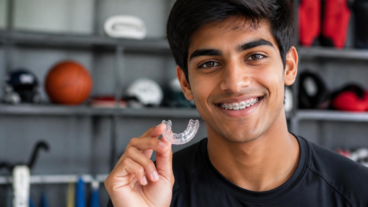 Young adult with braces holding an orthodontic mouthguard before sport
