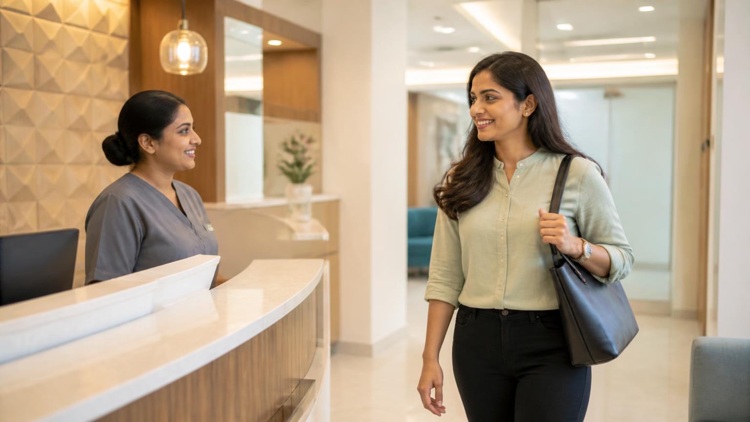 Patient arriving at a welcoming dental clinic for an orthodontic consultation