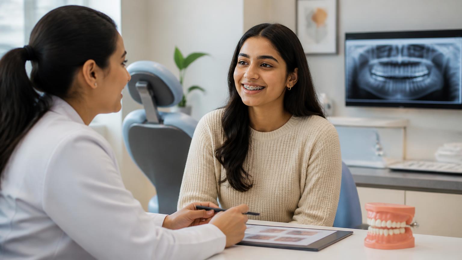 Patient with braces having a positive orthodontic consultation with a dentist