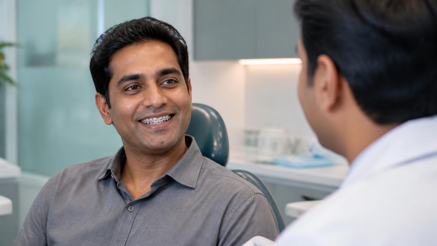 Adult patient wearing braces smiling during a dental consultation