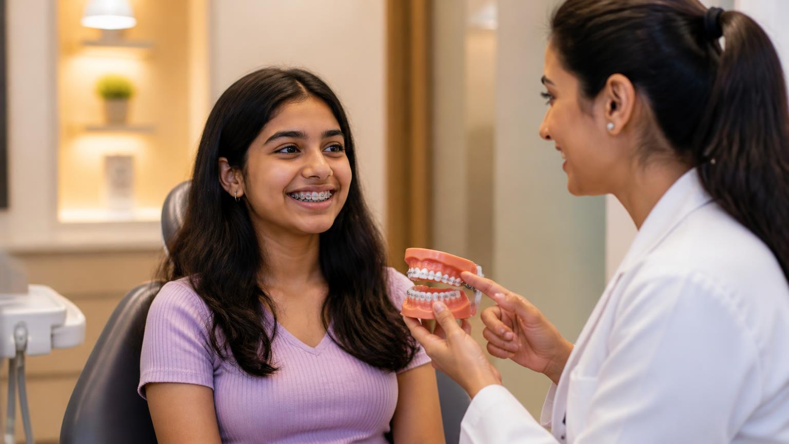Teenage patient with braces talking with an orthodontist using a dental model