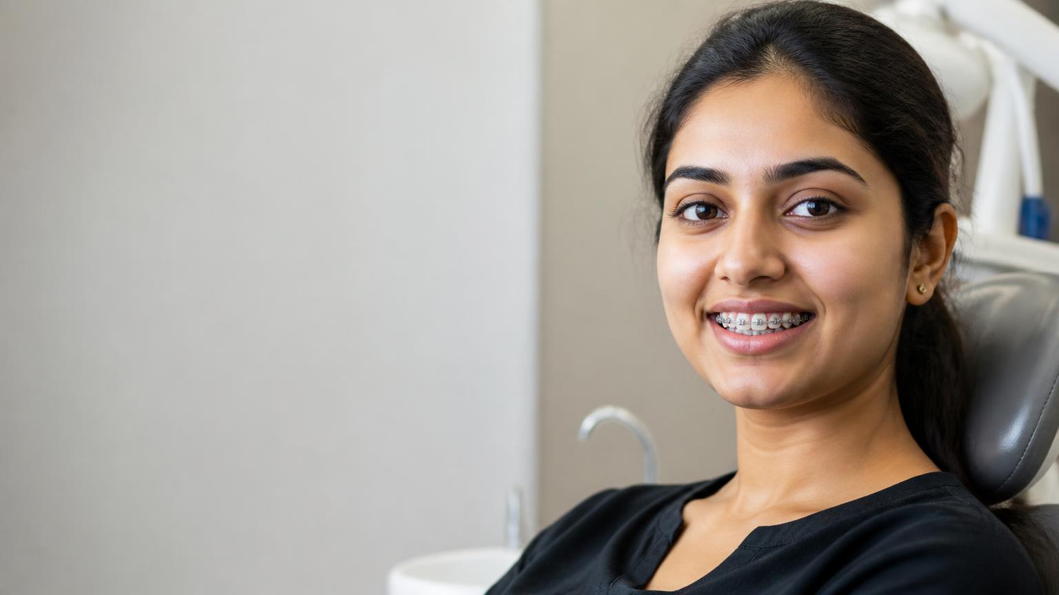 Indian adult with traditional metal braces smiling naturally in a modern dental clinic