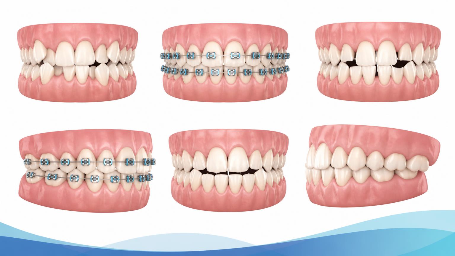 Dental illustration of crowded, crooked and spaced teeth with fixed braces on suitable examples