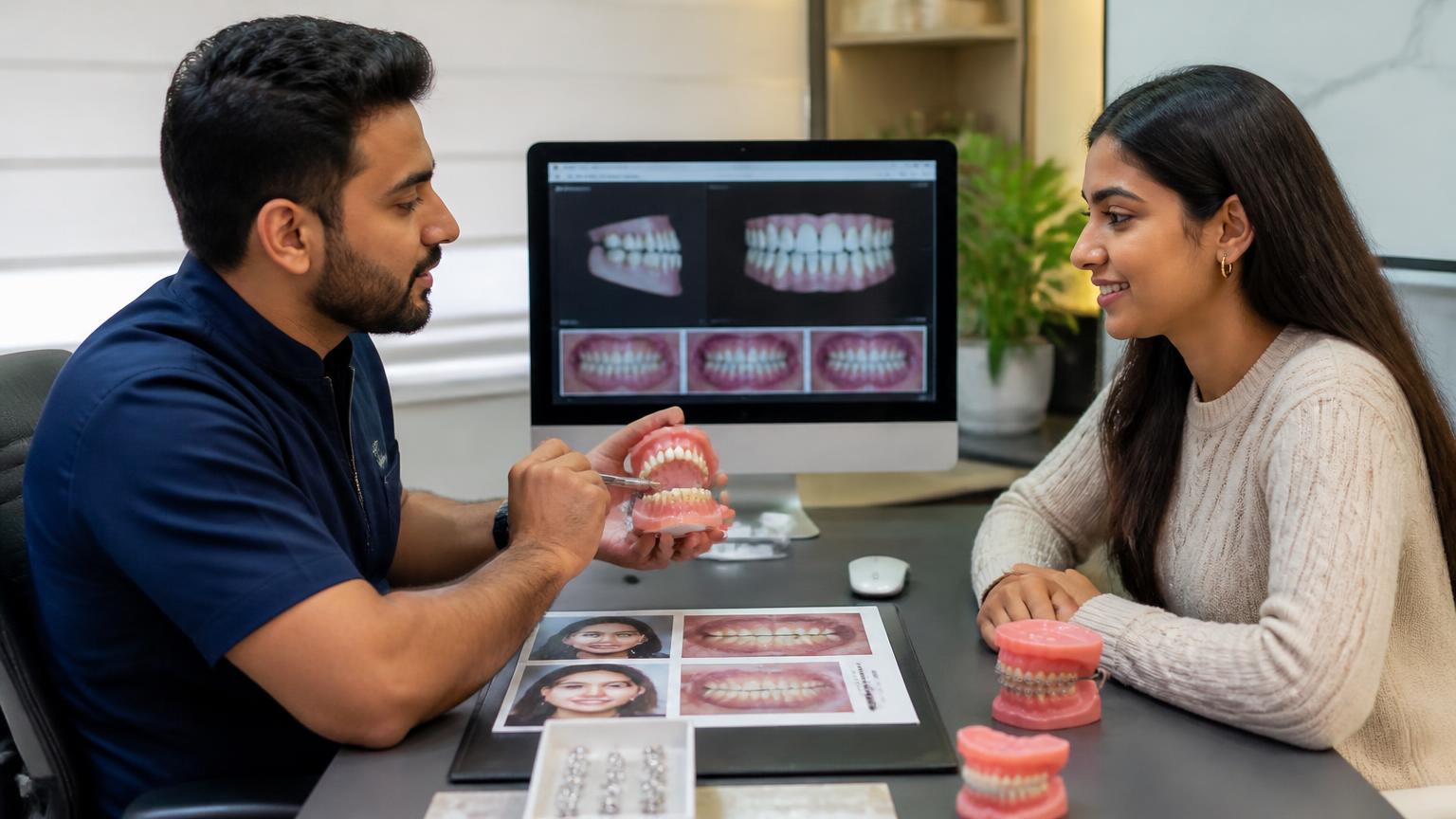 Orthodontist planning braces treatment with a patient using dental models and images