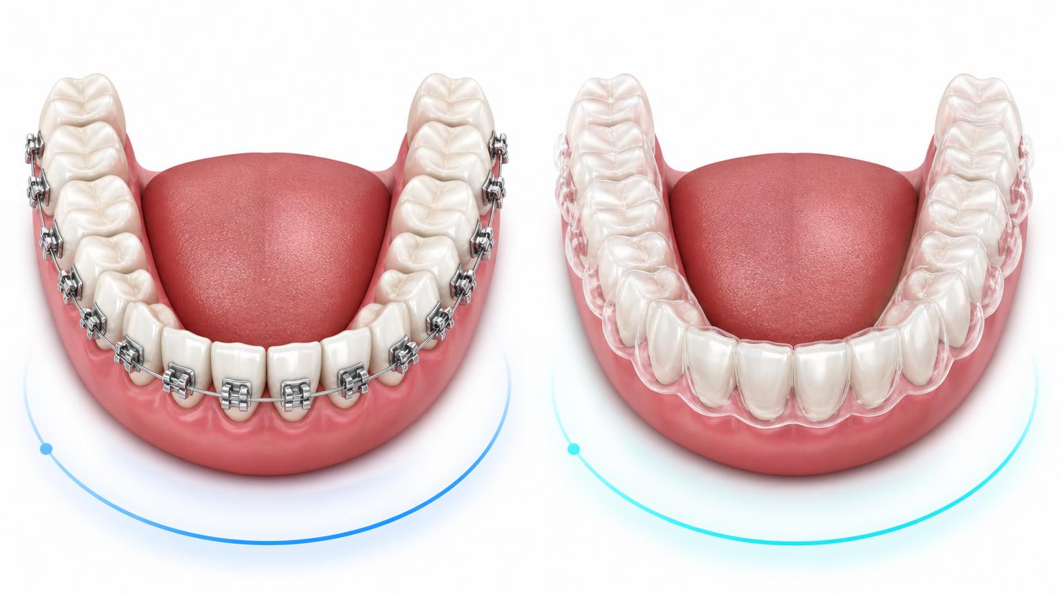 Dental comparison of fixed braces and a transparent clear aligner on the same arch