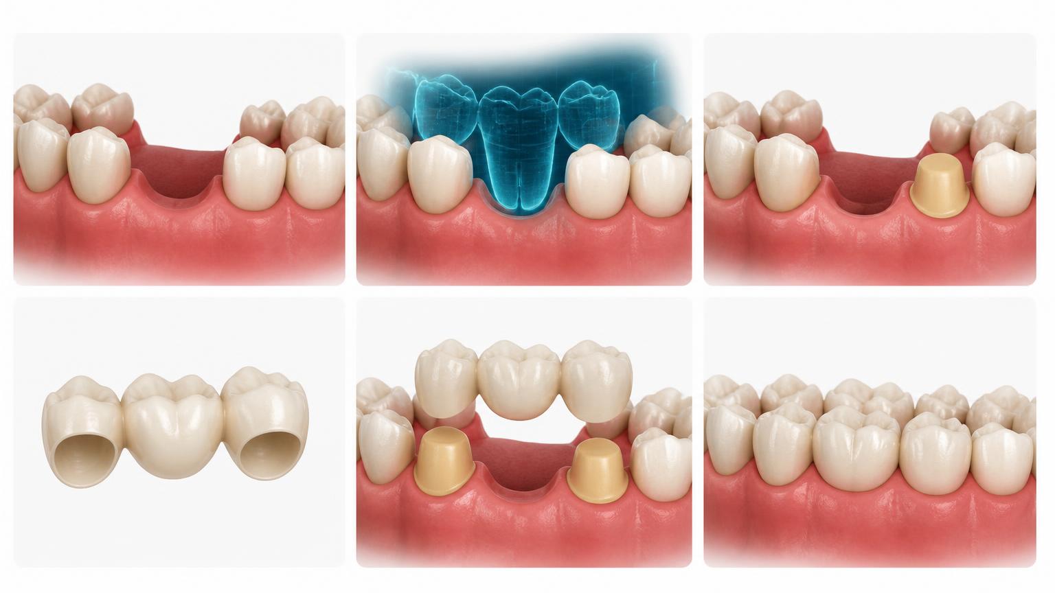 Illustrated sequence of dental bridge treatment from a missing tooth through preparation to the fitted bridge