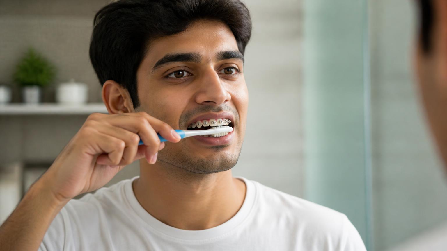 Adult brushing carefully around brackets and archwire