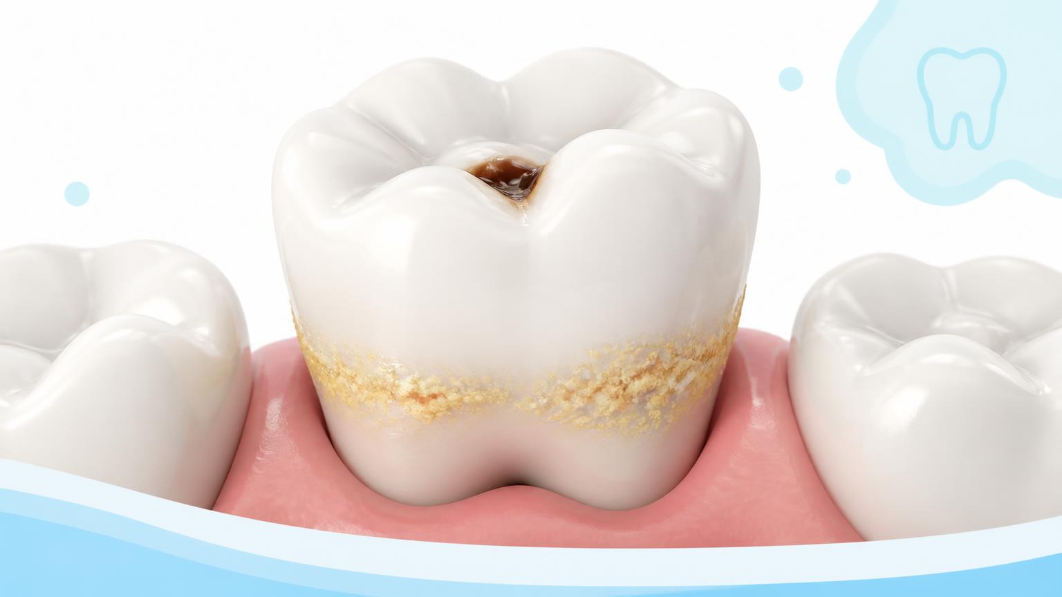 Dental illustration of plaque and early decay developing on a child's tooth