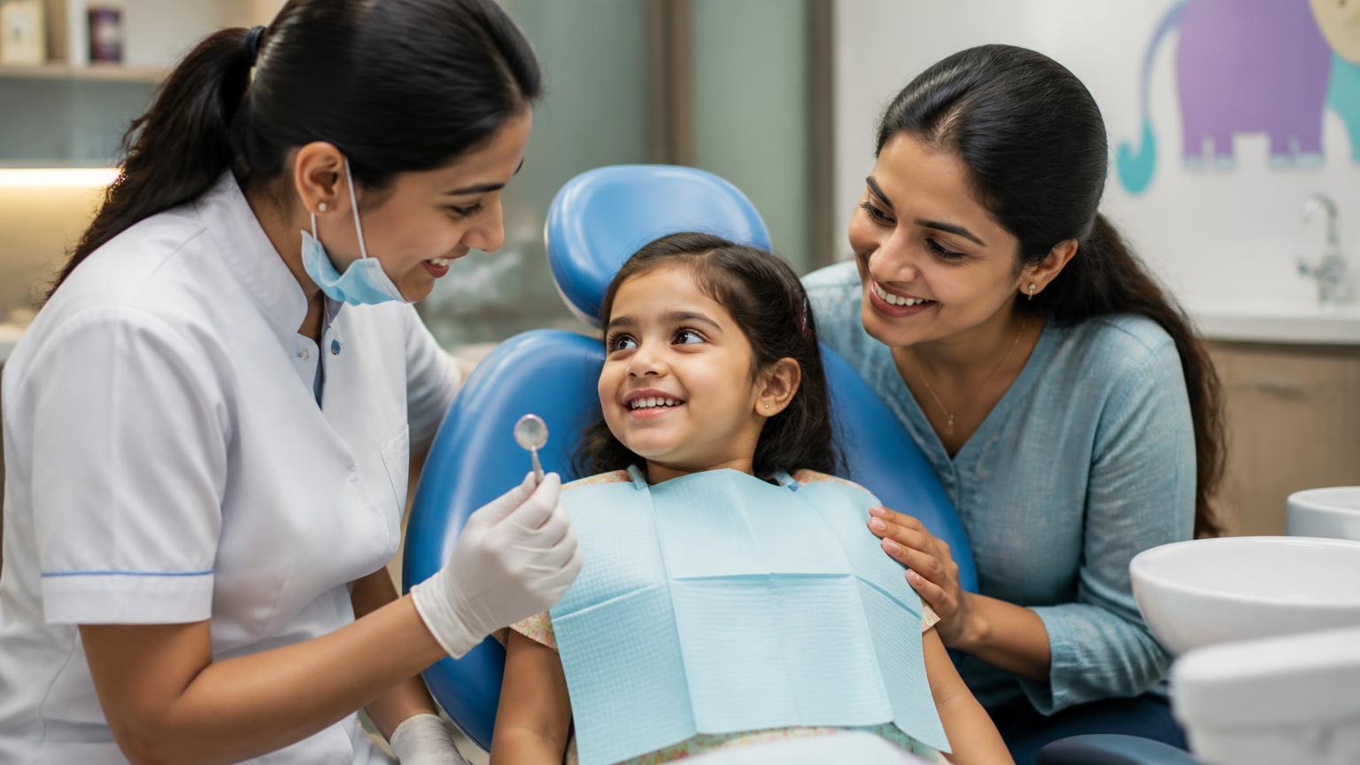 Dentist introducing a curious child to the dental chair with a parent nearby