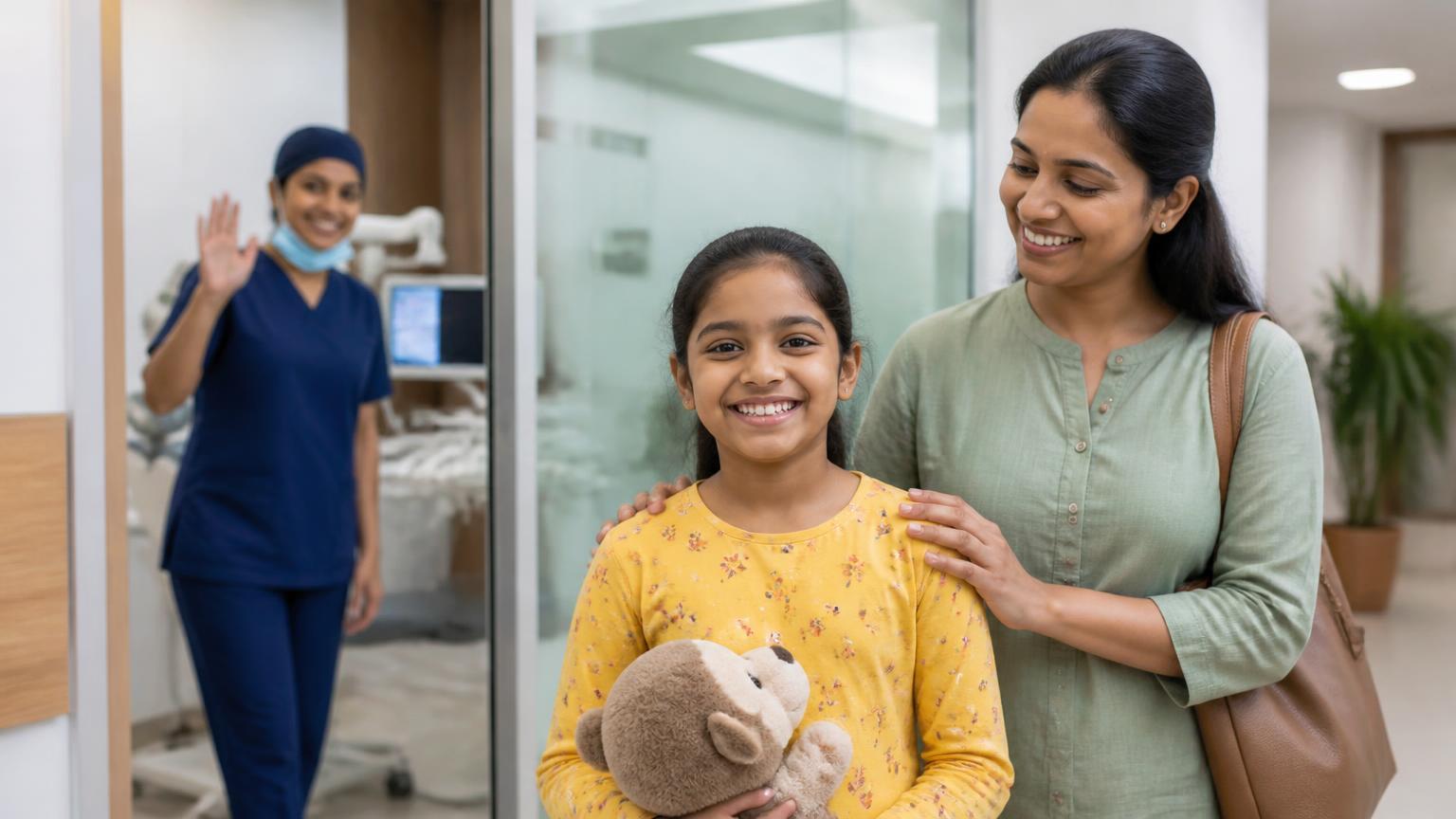 Child and parent leaving a modern dental clinic after a positive dental visit