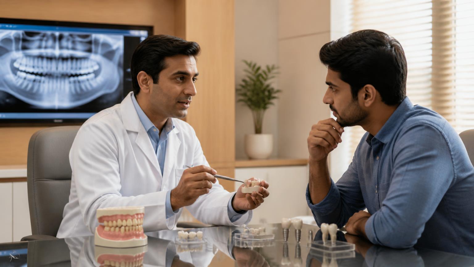 Dentist discussing tooth restoration and replacement options with a patient using dental models