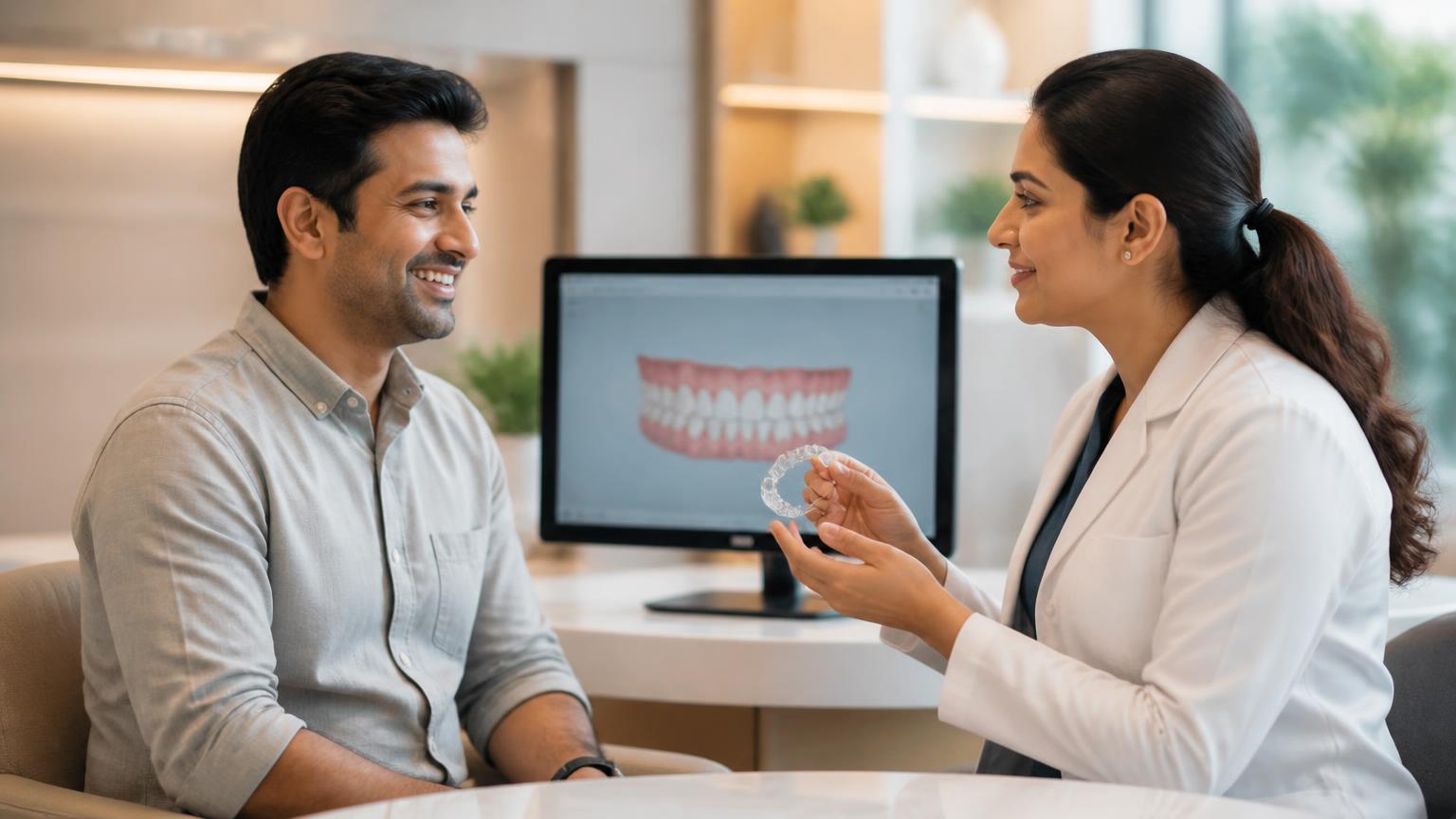 Patient having a positive clear aligner consultation with a dentist