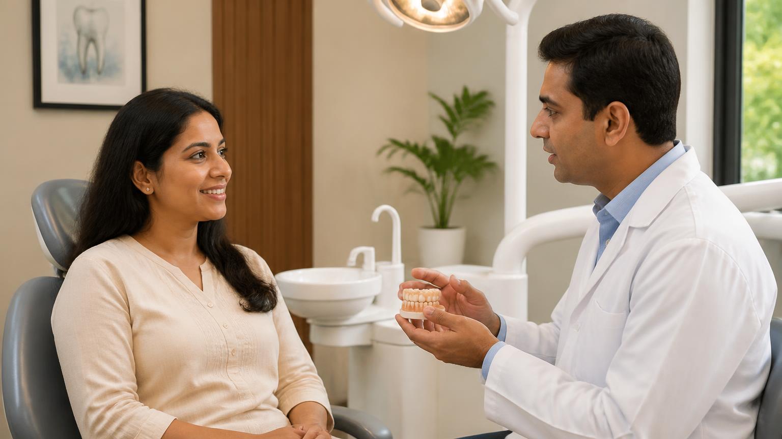Dentist explaining what to expect during and after crown or bridge treatment to a calm patient