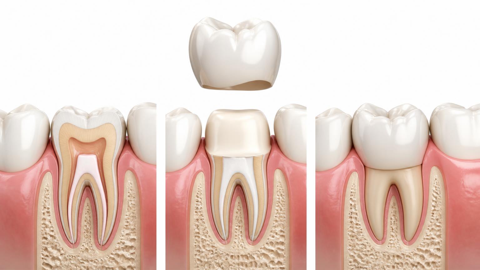 Illustration of a treated tooth with sealed root canals being protected by a natural-looking dental crown