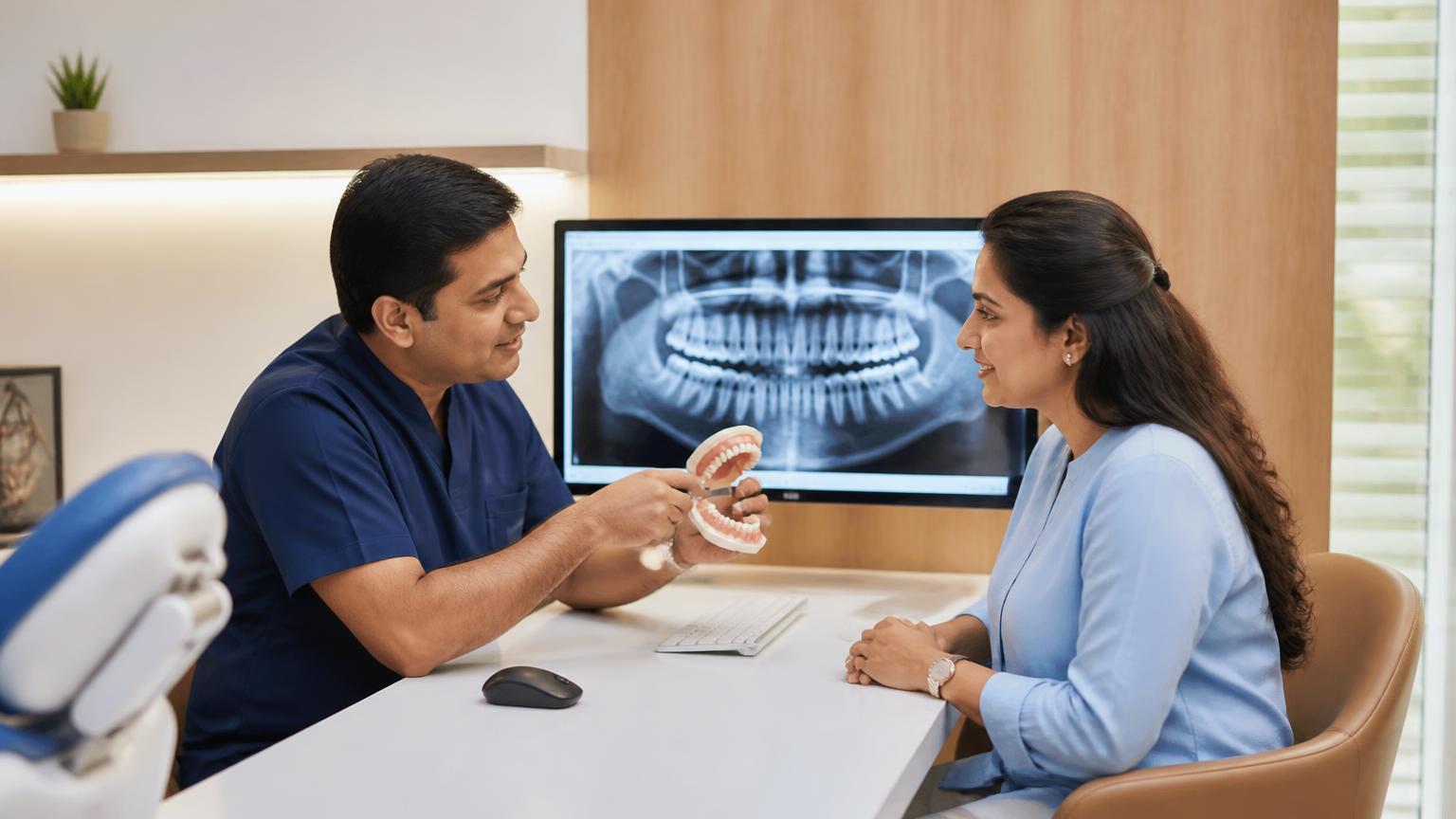 Dentist explaining tooth condition, gum health and bite to a patient using a dental model and digital dental image