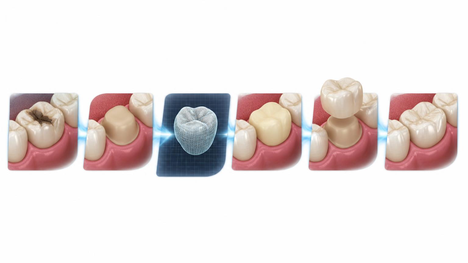 Illustrated sequence of dental crown treatment from tooth assessment and preparation to the final restored tooth