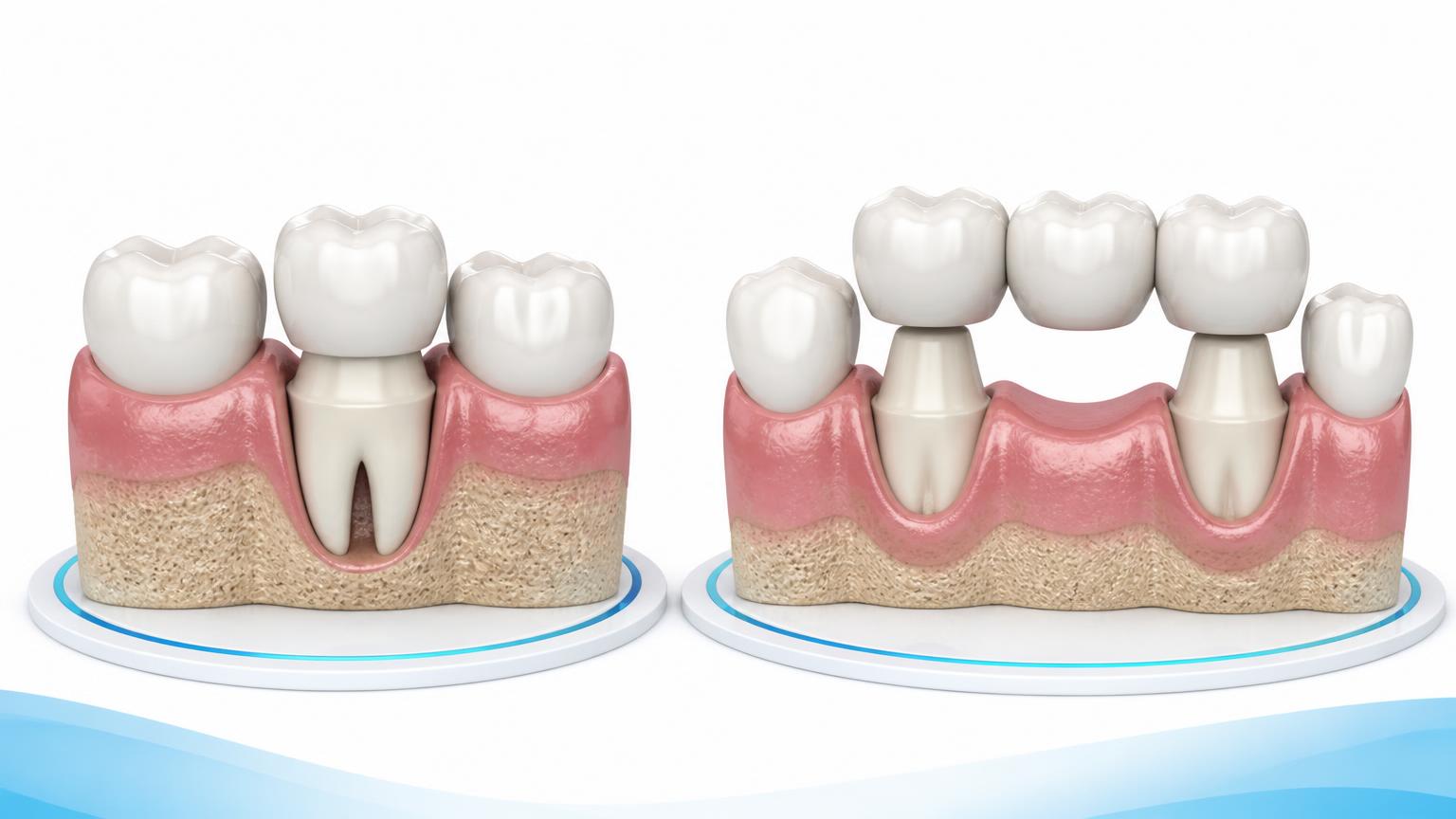 Illustration comparing a crown on a damaged natural tooth with a bridge replacing a missing tooth