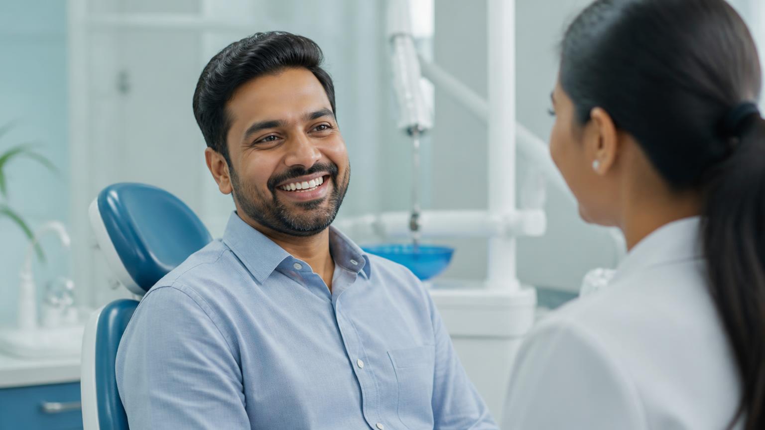 Patient smiling confidently during a positive final dental consultation