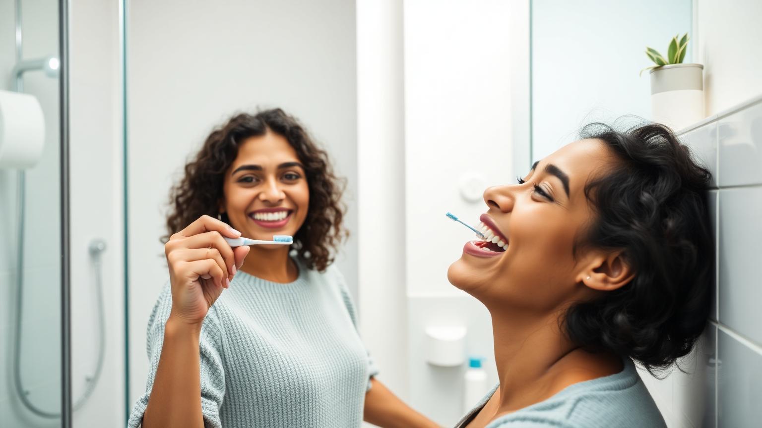 Adult following a complete daily oral hygiene routine at home with a toothbrush and interdental cleaner
