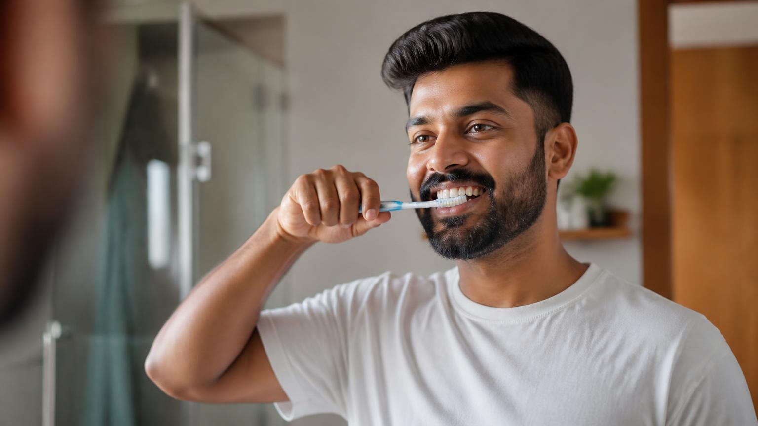 Adult brushing their teeth at home as part of daily care for a dental restoration
