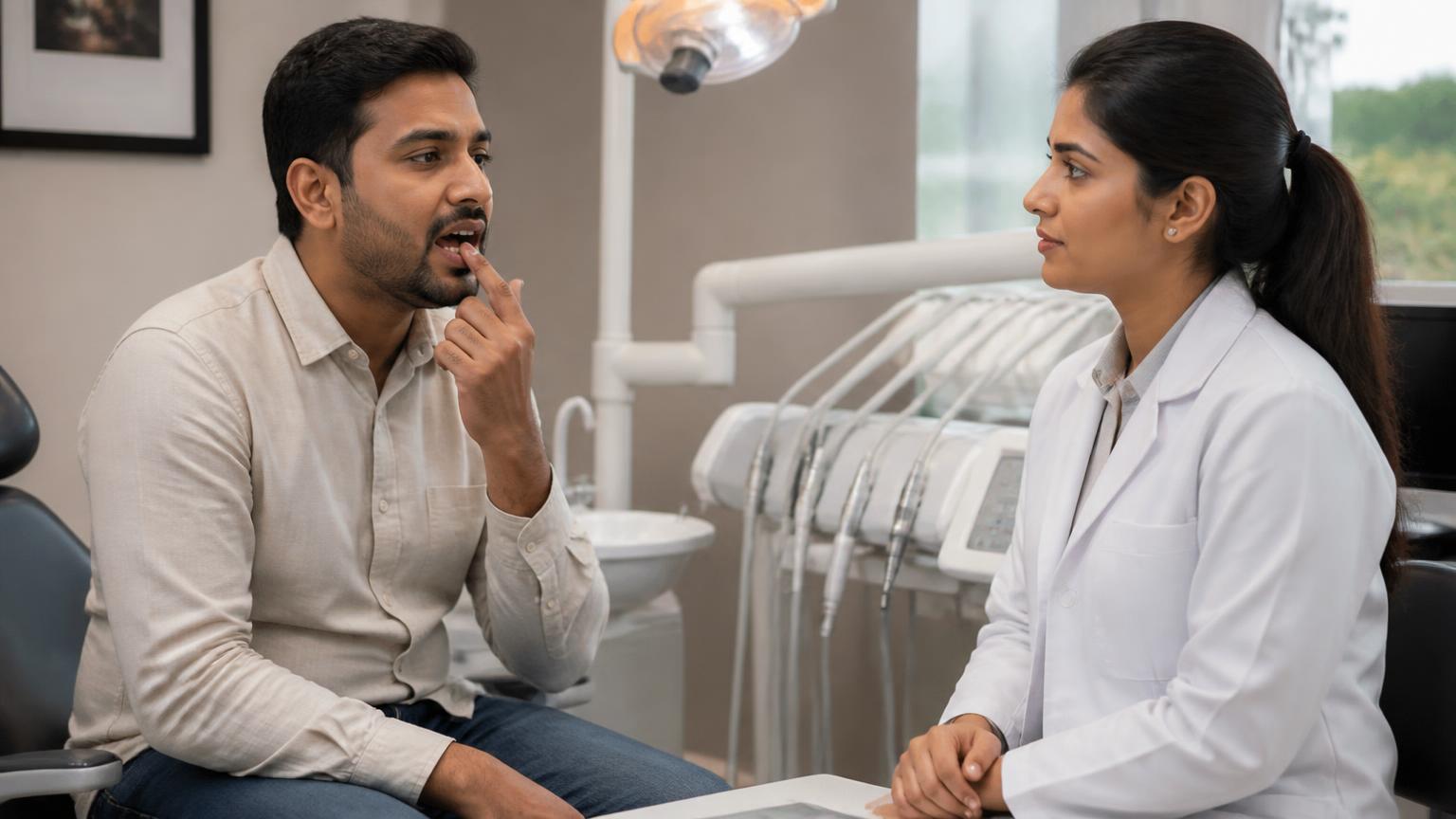 Adult patient discussing a damaged tooth with a dentist in a modern consultation room