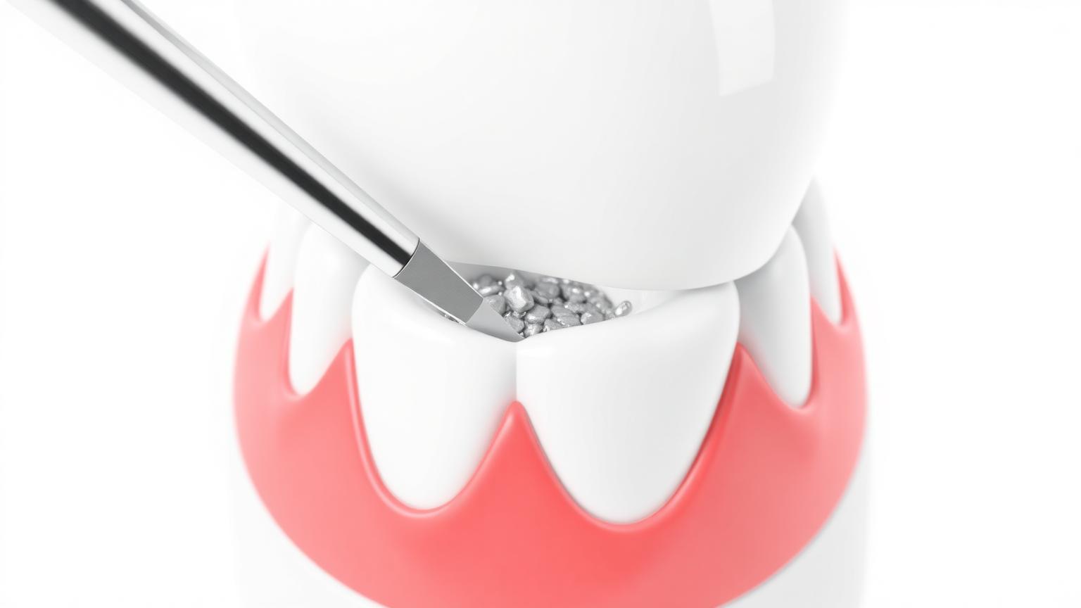 Illustration of a dental instrument carefully cleaning tartar from a root surface below the gum line