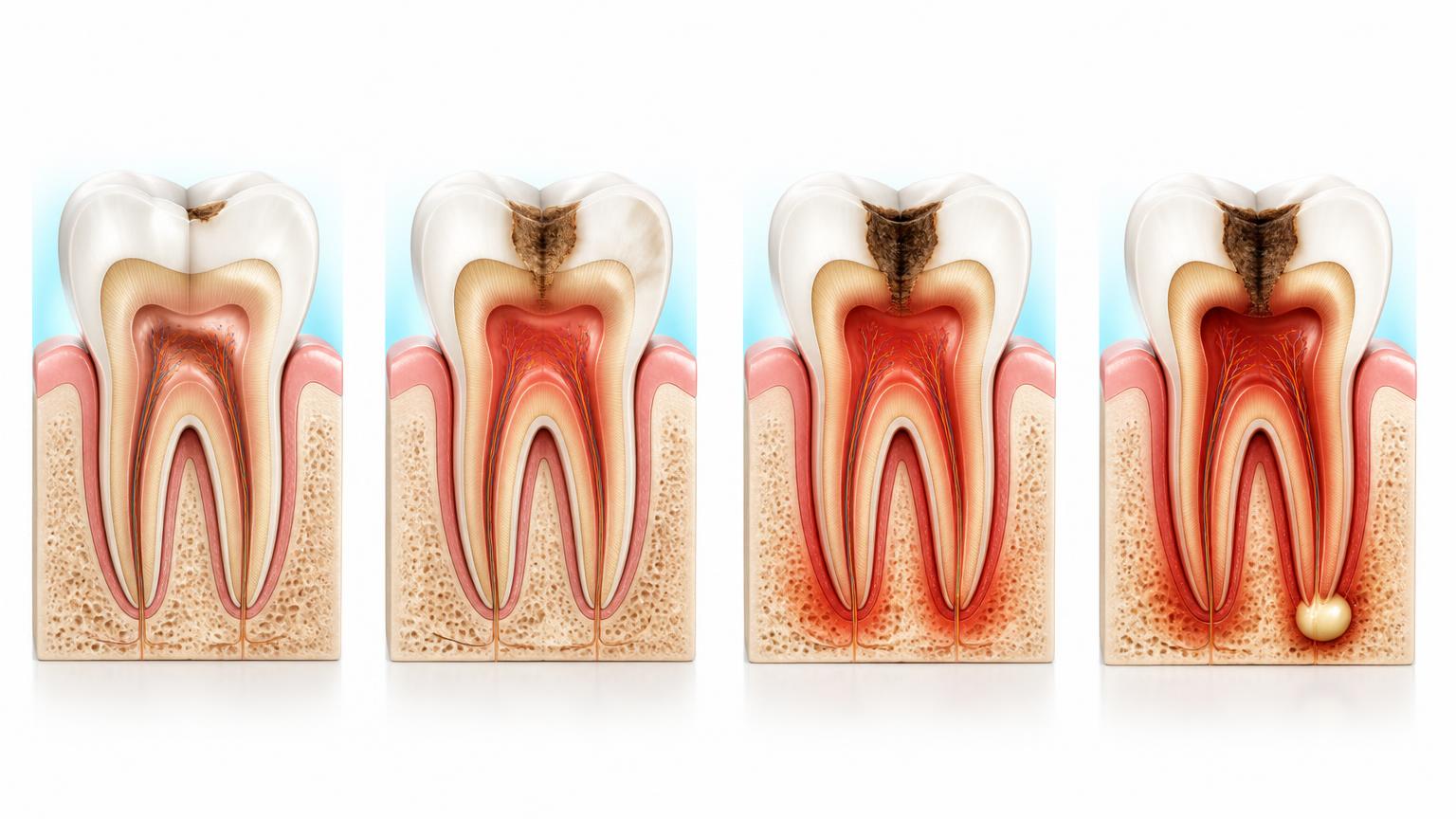 Illustration showing how an untreated tooth problem can gradually progress from early damage to a more advanced dental problem