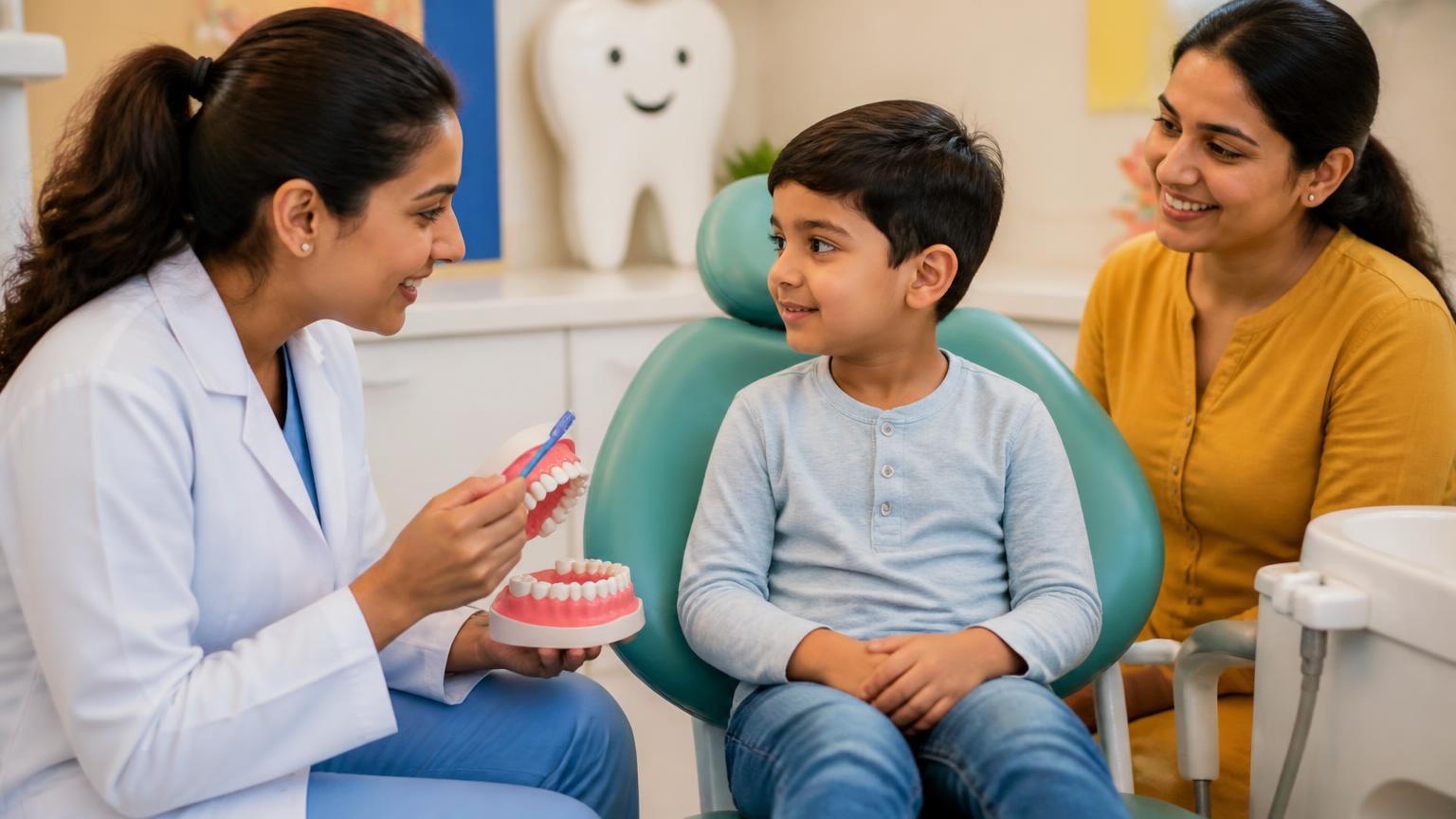 Dentist at a child's eye level building trust in a child-friendly clinic