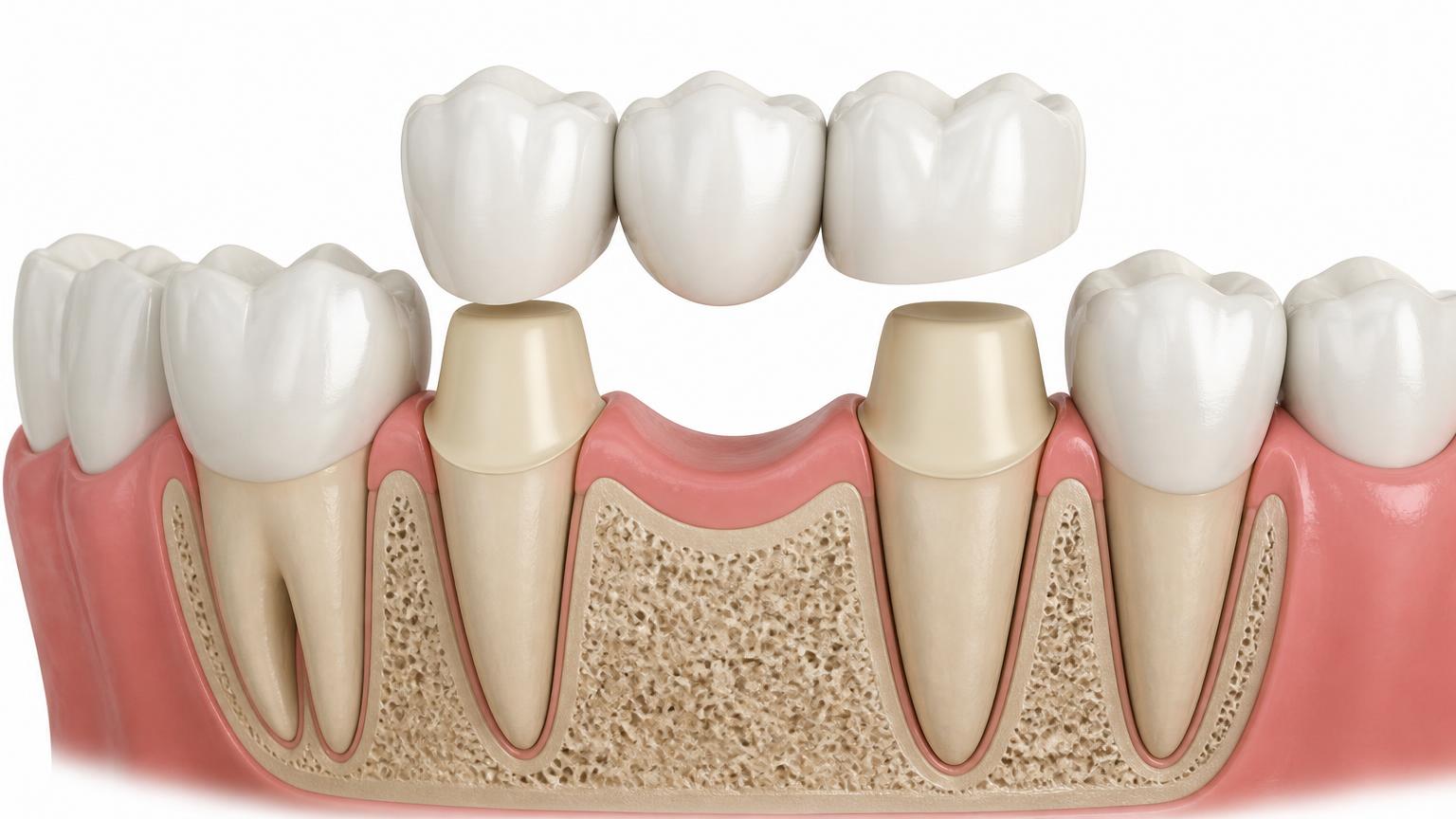 Cross-sectional illustration of a dental bridge replacing one missing tooth with support from neighbouring teeth