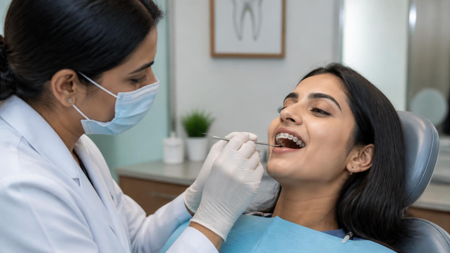 Patient with braces having a routine dental check-up