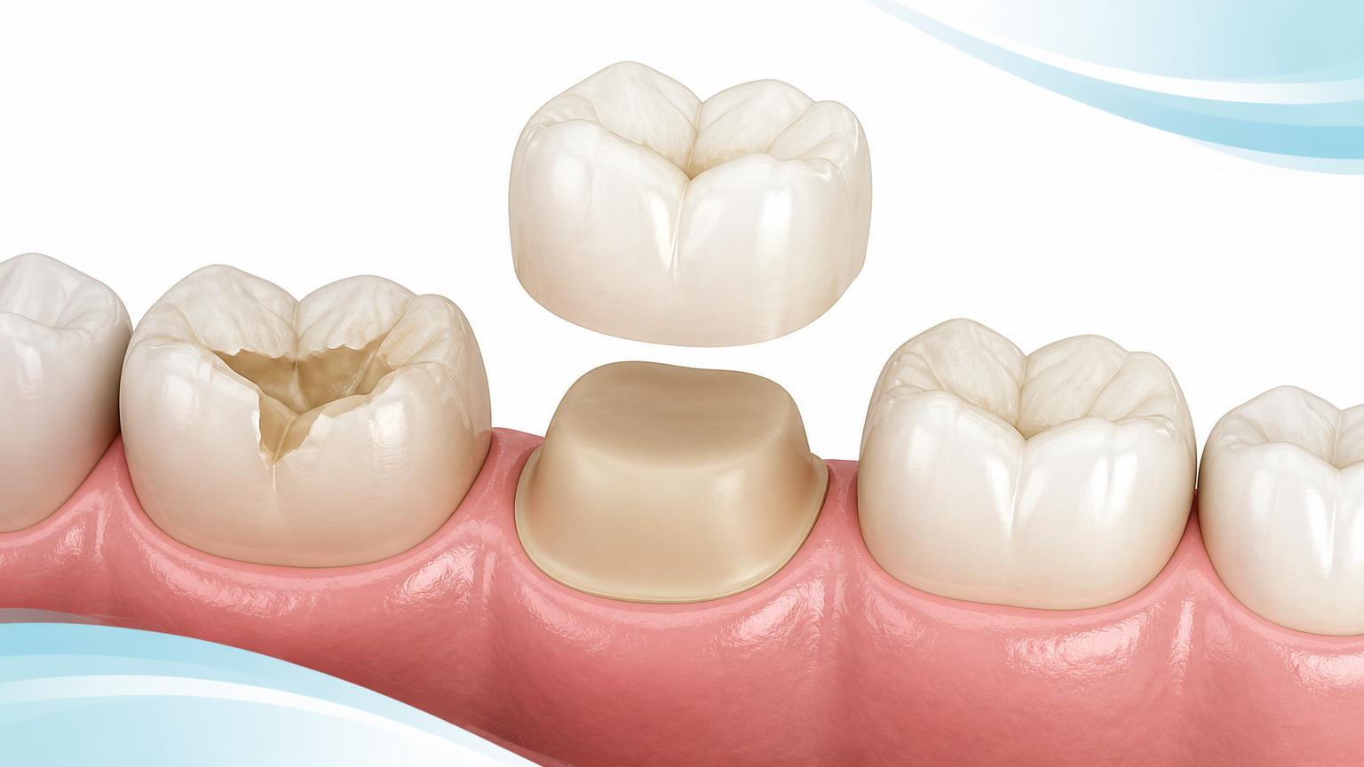 Illustration of a damaged tooth prepared for a dental crown with the crown positioned above it