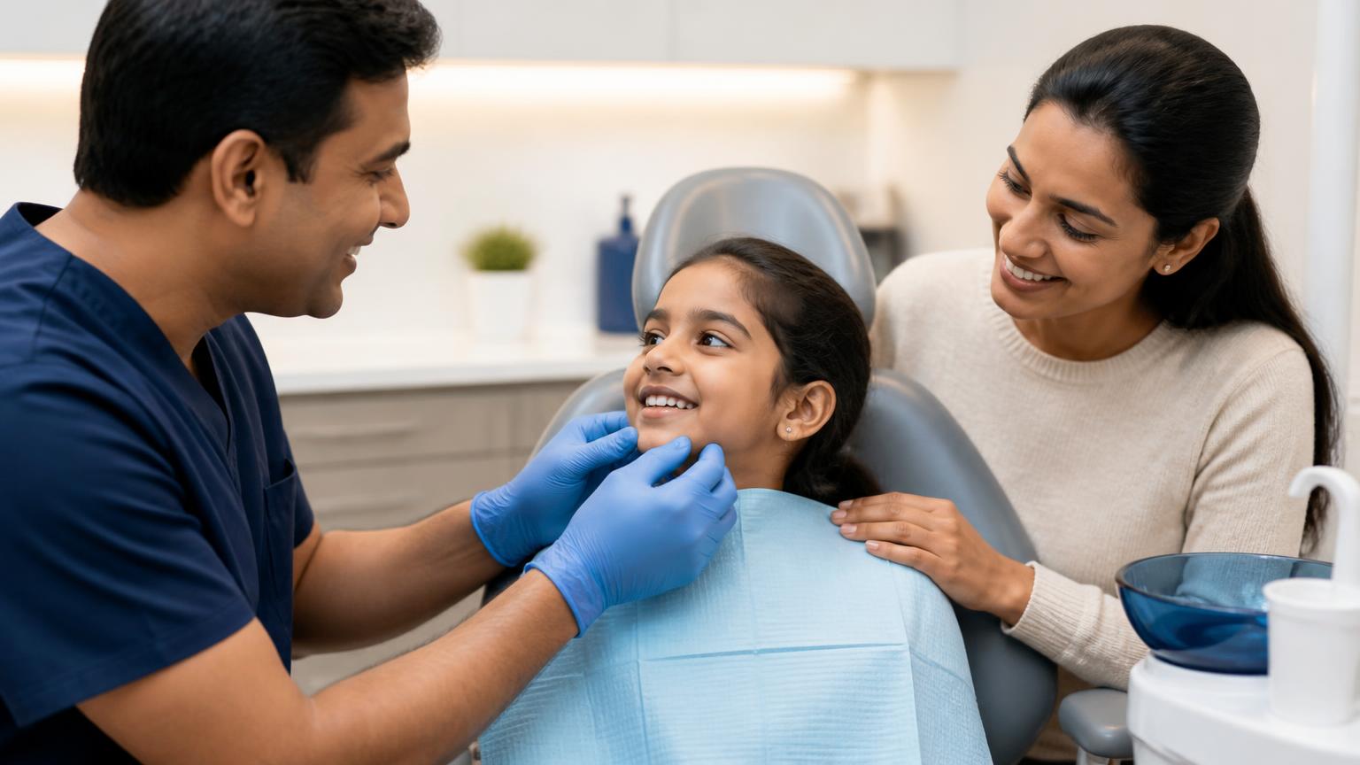 Parent bringing a calm child to a dentist after a minor dental injury