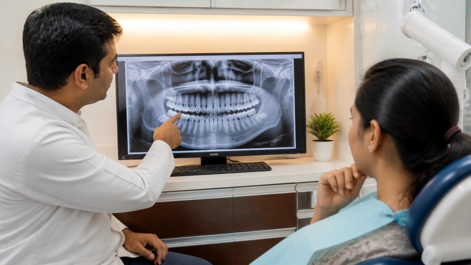 Dentist reviewing a dental X-ray on a monitor with an adult patient before extraction