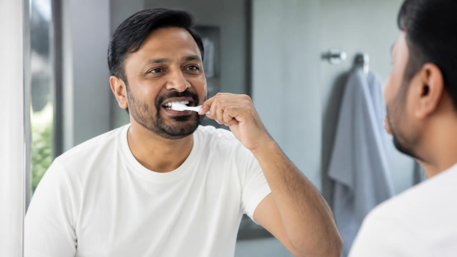 Adult patient brushing their teeth carefully at home as part of daily implant aftercare